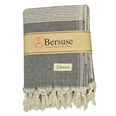 Image de Bersuse 100% Coton Hierapolis XXL Couverture, Jeté de Lit ou Canapé Fouta Peshtemal Serviette Plage Turque Noir