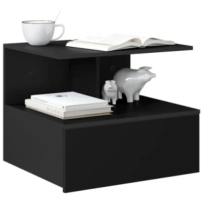 Image de WOLTU Chevet Suspendu, Table de Chevet, Nuit Suspendue, Murale, 1 Compartiment Ouvert, Tiroir, Noir, en Bois d&#039;Ingénierie, 40x35x31 cm