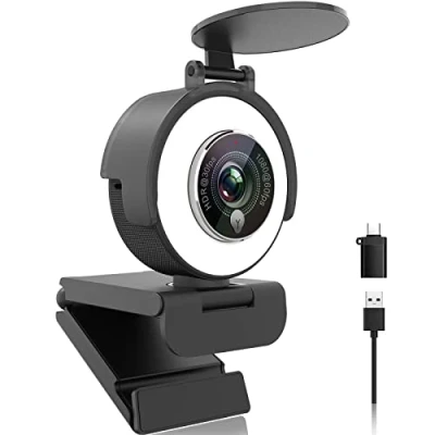 Image de Webcam 1080p avec éclairage annulaire pour USB, microphone, correction automatique de la lumière, champ vision réglable le streaming Compatible HDR