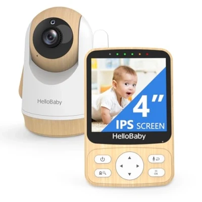 Image de HelloBaby Moniteur avec caméra et Audio， Écran 4 » Batterie Rechargeable de 26 Heures portée 1000 Pieds,Moniteur vidéo sans WiFi Vision Nocturne，Conversation à Deux Pan Tilt Zoom