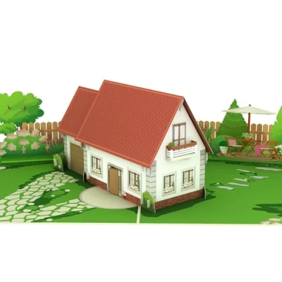 Image de MOKIO® Carte Pop Up Maison avec jardin de vœux 3D pour l&#039;achat d&#039;une maison, la cérémonie d&#039;achèvement ou le déménagement, Chèque cadeau une pendaison crémaillère