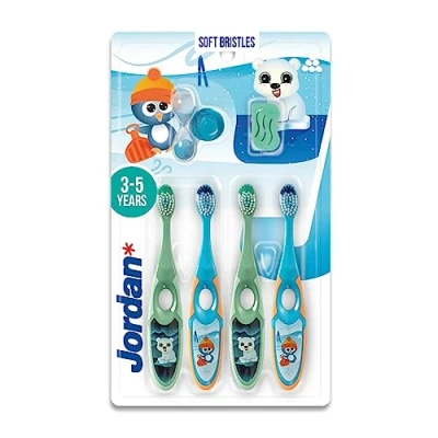 Image de Jordan ® Step 2 Brosse à dents pour enfants de 3 5 ans Poils souples, double poignée ergonomique et sans BPA Couleur bleu vert Pack 4 unités