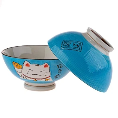 Image de lachineuse 2 Bols à Soupe ou Ramen Design Maneki Neko Colori Bleu Multi Usage Porcelaine Décoration Japonaise Idée Cadeau Japon Asie