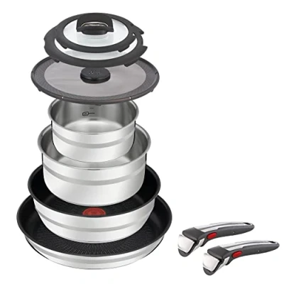 Image de Jamie Oliver by Tefal L9769932 Ingenio Set de 9 pièces en acier inoxydable avec 2 poignées amovibles, poêles revêtues, casseroles et 3 couvercles Compatible induction