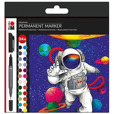 Image de Marabu Lot de 24 marqueurs permanents Graphix Hero of Galaxy, avec double pointe 1 à 2 mm et 0,5 mm, couleurs brillantes, encre séchage rapide, sans odeur imperméable l&#039;eau.