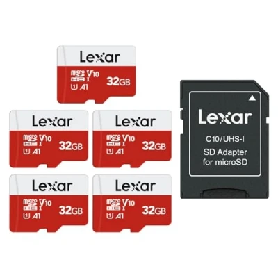 Image de Lexar Carte Micro SD 32 Go Lot de 5 Cartes, Mémoire SD+ Adaptateur, Microsdxc TF jusqu&#039;à 100 Mo/s, A1, U1, C10, V30, Full HD et 4K UHD pour Caméra, Telephone, Switch