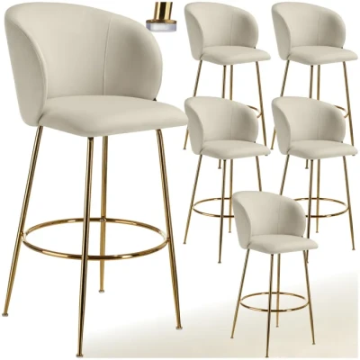 Image de TABOURET de bar TECTAKE Lot 6 tabourets LUANA rembourrés avec dossier aspect velours et repose pieds Crème/Or