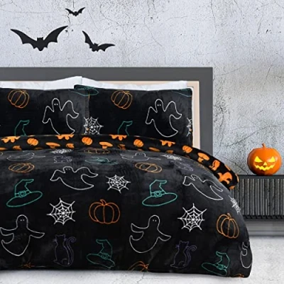 Image de Sleepdown Parure de lit réversible en Flanelle Polaire avec Housse Couette et taies d&#039;oreiller Chaude, Douce Facile d&#039;entretien pour Double (200 x 200 cm), 5056557512515, Noir, Orange, Multicolore