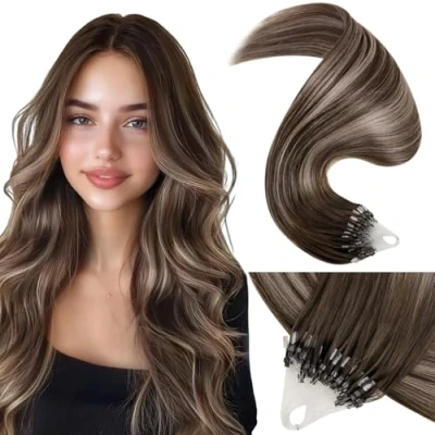 Image de LaaVoo Extension Cheveux Naturel à Froid Balayage Marron Fonce 45cm A 1g Foncé Blonde Cendré de Locks 50g #4/18/4