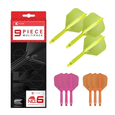Image de Target Darts K Flex Integrated Dart Flights and Shafts, Tige Intermédiaire (26mm), No.6 Flight, 9 pack Bundle, Rose Fluo, Orange et Jaune Kflex 2 In 1 Flight Stem, Professional Accessories
