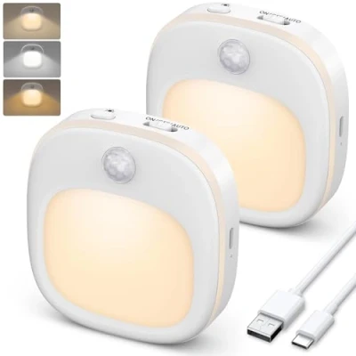 Image de Veilleuse LED, Lot de 2 Detecteur Mouvement avec 3 Modes Couleur (Chaud et Blanc Mixte), Rechargeable Bandes MagnéTiques pour Chambre, Couloir, Escaliers