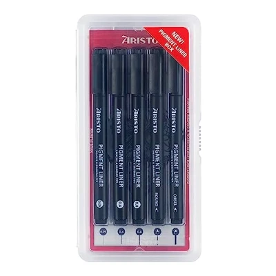 Image de Aristo AR23535 Pigment Liner Creative Set 5 pièces (5 feutres fins en largeur de trait 0,05 mm/0,40 mm/0,80 mm/pointe ogive/pointe biseautée/encre hautement pigmentée/résistant à la lumière et