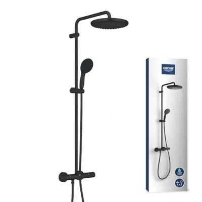 Image de GROHE Vitalio Start System 250, Colonne de Douche avec Mitigeur Thermostatique, Tête Ronde 25cm 1 jet, Douchette 11cm 2 jets, Flexible 1.75m, Economie d&#039;Eau, Noir Mat, 266772431