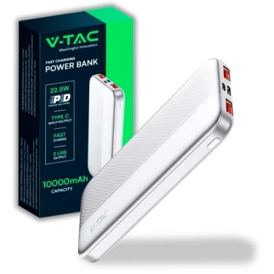 Image de V TAC Power Bank 10 000 mAh avec Charge Rapide PD 22,5 W Batterie Externe Fine Port USB Type C et 2 Ports A Compatible iPhone, iPad, Samsung, Xiaomi PowerBank Blanc