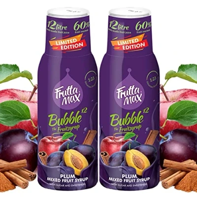 Image de 2 x FruttaMax Concentré de sirop fruits Moins sucre avec 60% convient pour machine à soda (2 500 ml) Prune Cannelle Pomme)