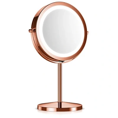 Image de Navaris Miroir Cosmétique Lumière LED à Pied 2 Faces Normal/Grossissant x5 Rond Lumineux pour Maquillage Rasage Rotatif 360