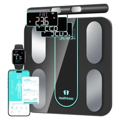 Image de Healthkeep Pèse Personne Balance Connectée Impédancemètre Avec 8 Électrodes Haute Précision, 21 Données Corporelle Mesure BIA à Double Fréquence APP pour Andriod et iOS, Max. 180kg/400lb/28st