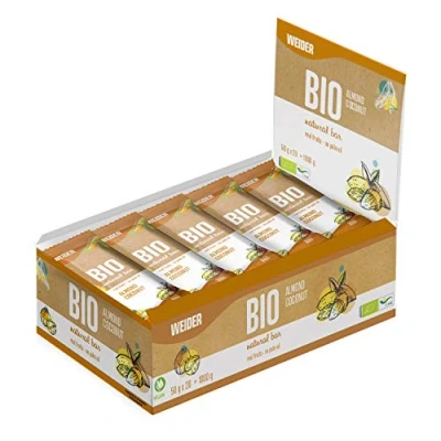 Image de Weider Bio Bar Amandes Noix de Coco (20 x 50g) Barres fruits secs issues l’agriculture biologique, Sans sucres ajoutés, Source naturelle d&#039;énergie, Effet rassasiant