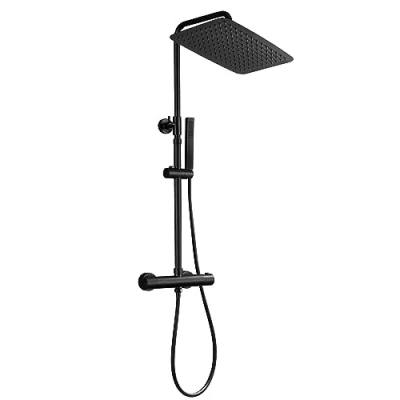 Image de JOHO Colonne Douche Noir Réglable en Hauteur avec Mitigeur Thermostatique Pommeau Carrée 35x25, Inoxy 304