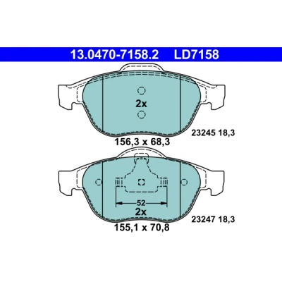 Image de ATE Ceramic 13.0470 7158.2 Jeu de plaquettes frein non préparé pour indicateur d&#039;usure, contact signal d&#039;usure exclu RENAULT: LAGUNA 2 Grandtour