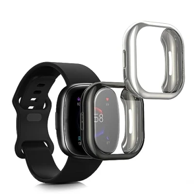 Image de kwmobile Coque Compatible avec Fitbit Versa 4 / Sense 2 2X Étui Cadre écran en Silicone pour Fitness Tracker Noir argenté