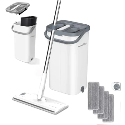 Image de FurnitureXtra Ensemble serpillère et Seau en Microfibre avec Manche Acier Inoxydable, à Deux Compartiments pour Tous Les sols