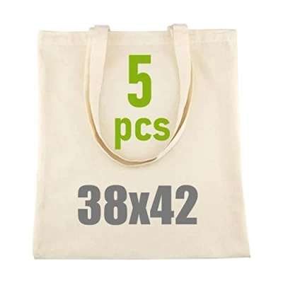 Image de LEVIATAN Sac en Toile de Jute Bag Course Coton 100% Tissu à Peindre 38x42cm 144g/m2 D&#039;achat 5 x Longues Poignées Personnalisable Tote Vierge