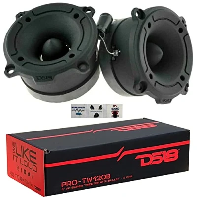 Image de 2 DS18 PRO TW120B Super Bullet Tweeter Noirs Aluminium 120 Watts rms et 240 Max avec 7,90 cm de diamètre sensibilité 103 DB 4 ohms, par Paire + condensateur 3 Stickers Cadeau