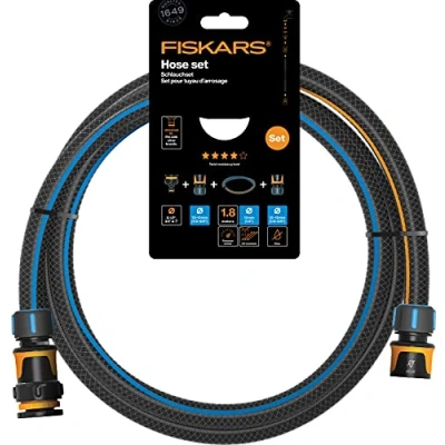 Image de Fiskars Set de Tuyaux d&#039;Arrosage pour Dévidoir, Avec 2 Raccords Tuyau et raccord robinet Multiprise, Résistance à la torsion niveau 4, 1,8 m, Ø 1,3 1,5 cm (1/2 5/8&#039;&#039;), Noir/Orange/Bleu, 1057621