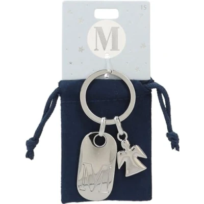 Image de Depesche 11800 015 Porte clés argenté avec Lettre M et Ange Gardien, Alliage de Zinc, Pochette en Velours Couleur Incluse, Multicolored, Taille Unique