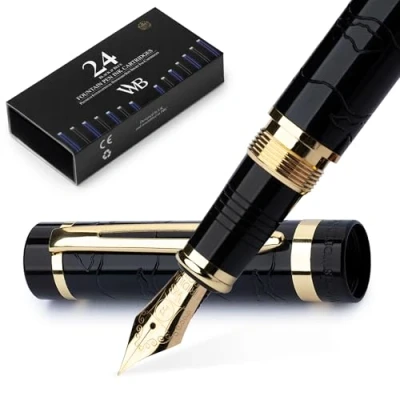 Image de Wordsworth &amp; Black Ensemble de stylos plume Primori [Noir Or] Pointe fine, étui cadeau, 24 cartouches d&#039;encre, convertisseur recharge, manuel, journal intime, calligraphie, à écriture fluide