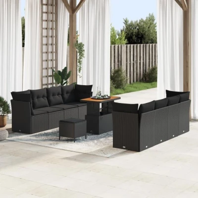 Image de Ensemble de Sofa Jardin 11 Pièces avec Coussins Noir Rattan Poly Acacia, Dîner 3 3361459