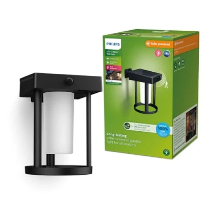Image de Philips Camill UltraEfficient, Applique murale solaire ronde, 1,4 W, 3000 K, noire, dépolie, détecteur de mouvement, IP44 résistante aux intempéries