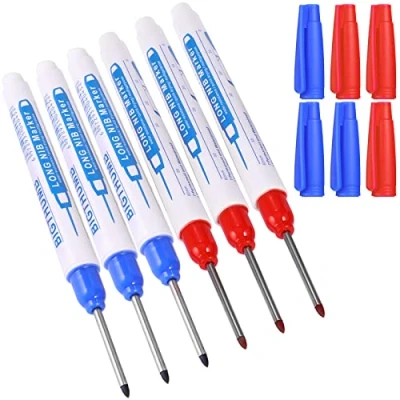 Image de UNOLIGA 6pcs Marqueurs Trou Profond, Marqueur Charpentier, Stylo Indélébile à Pointe Fine de 30 mm, Feutre Permanent pour des Marquages Endroits Difficiles d&#039;Accès (Bleu Rouge)
