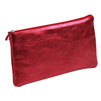 Image de Clairefontaine 8714C Trousse Scolaire Plate Rouge Effet irisé 22x11 cm en Véritable Cuir d&#039;Agneau