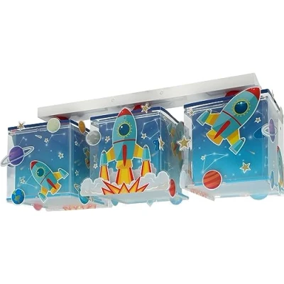 Image de Dalber Plafonnier enfant 3 Lumières Rocket Fusée spatiale système solaire, 63353, E27, Bleu