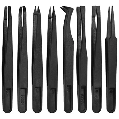 Image de MMOBIEL Set de 8 Pinces précision en plastique multifonction antistatiques, Pince à pointe plate biseau fine/incurvée
