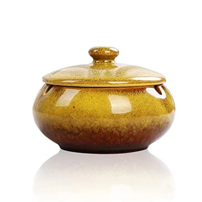 Image de Lependor cendrier en céramique avec couvercles, coupe vent, pour une utilisation intérieur ou extérieur, fumeurs, de bureau la maison le Jaune