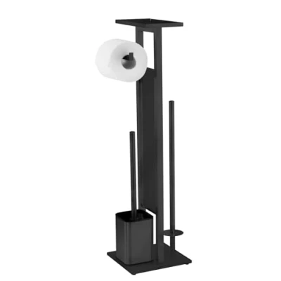 Image de Garniture de WC sur Pied Debar avec Tablette, en Acier Inoxydable Mat, Plaque Fond Verre sécurité Noir, 21 x 70,5 18 cm