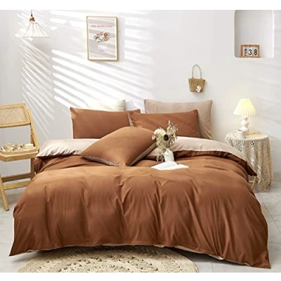 Image de Damier Parure de lit réversible 2 pièces en microfibre ultra douce avec housse couette 155 x 220 cm et taie d&#039;oreiller 80 cm, marron caramel, beige, uni