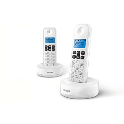 Image de Philips D1612W Téléphone sans Fil Duo, rétro éclairé, Son HQ, jusqu&#039;à 4 combinés, répertoire 50 numéros, Faible consommation Eco, Identification de l&#039;appelant, portée 50m 300m Blanc