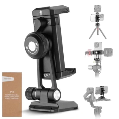 Image de Neewer Adaptateur de trépied pour téléphone avec base QR type Arca, griffe, trous 6,35 mm, pivot à 360 et inclinaison 180 , support compatible iPhone, Samsung, Arca Swiss DJI