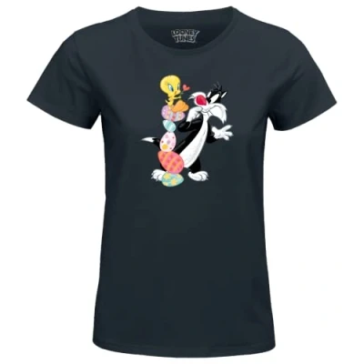 Image de cotton division Looney Tunes « Tweety &amp; Sylvester with Eggs » WOLOONETS095 T Shirt Femme, Navy, Taille M