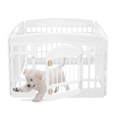 Image de Iris Ohyama, Parc pour Chien Intérieur, Extérieur avec 4 Panneaux &amp; Porte Verrouillable, H60cm, Blanc, Cage, Enclos, Cloture Chiens, Chiot, Chat, Lapin, Animaux de Compagnie, Plastique,CI 604E WD