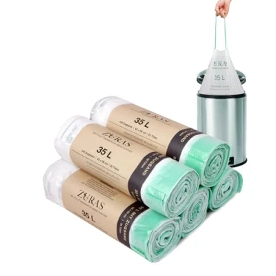 Image de ZURAS® 35 litres Sacs à déchets biologiques avec cordon de serrage 100 pcs. poubelle compostables et biodégradables, résistants la déchirure étanches l&#039;eau