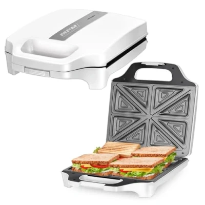 Image de MPM MOP 35 Électrique pour 4 Sandwiches, 8 en Forme de Triangle, Appareil à Croque Monsieur, Plaques Antiadhésives, Température Automatique, Compact, Blanc, 1600W