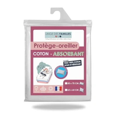 Image de Linge des Familles Protège Oreiller 65x65 cm Doux et Absorbant Molleton 100% Coton Forme Sac