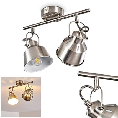 Image de Plafonnier Safari en métal finitions chrome brossé, luminaire de plafond à 2 spots orientables pour ampoules E14, ampoule(s) non incluse(s)