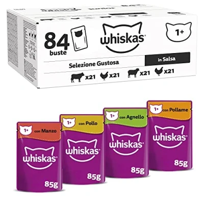 Image de WHISKAS Repas pour Chat 84 Sachets Fraîcheur de 85g Pâtée Adulte en Sauce Les Classiques (4 Variétés)