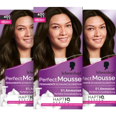 Image de Schwarzkopf Perfect Mousse Lot de 3 colorations moussantes permanentes 400/4 0 Marron foncé (3 x 92,5 ml), coloration pour cheveux avec couverture parfaite des blancs, un soin